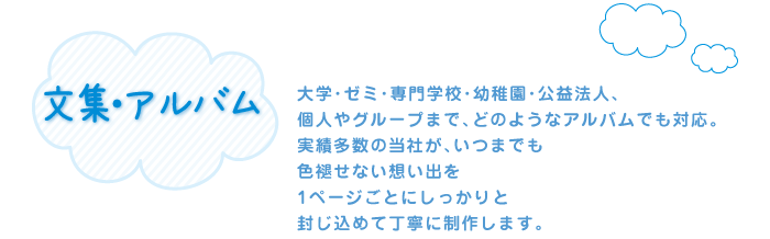 大学・ゼミ・専門学校・幼稚園・公益法人、個人やグループまで、どのようなアルバムでも対応。実績多数の当社が、いつまでも色褪せない想い出を1ページごとにしっかりと封じ込めて丁寧に制作します。